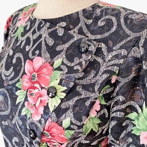I.Magnin 100% Silk Black w/ Watermelon Poppies Floral Print Jacket Size 12